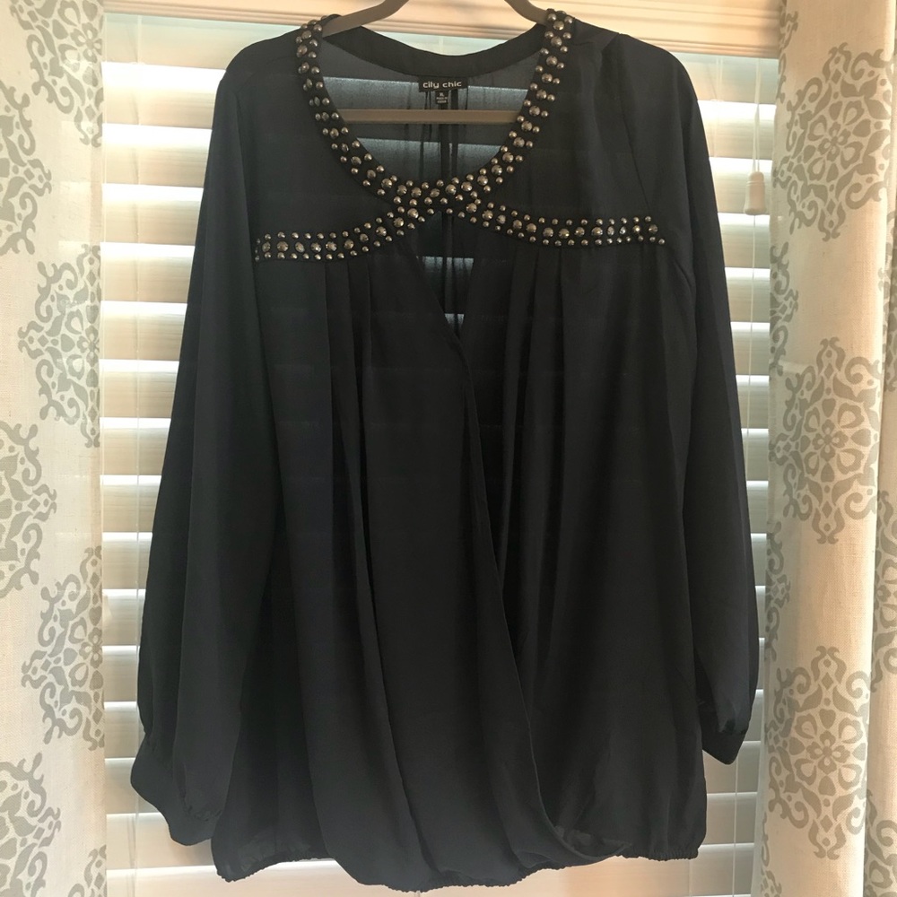 City Chic Navy Blouse with Silver Metal Design